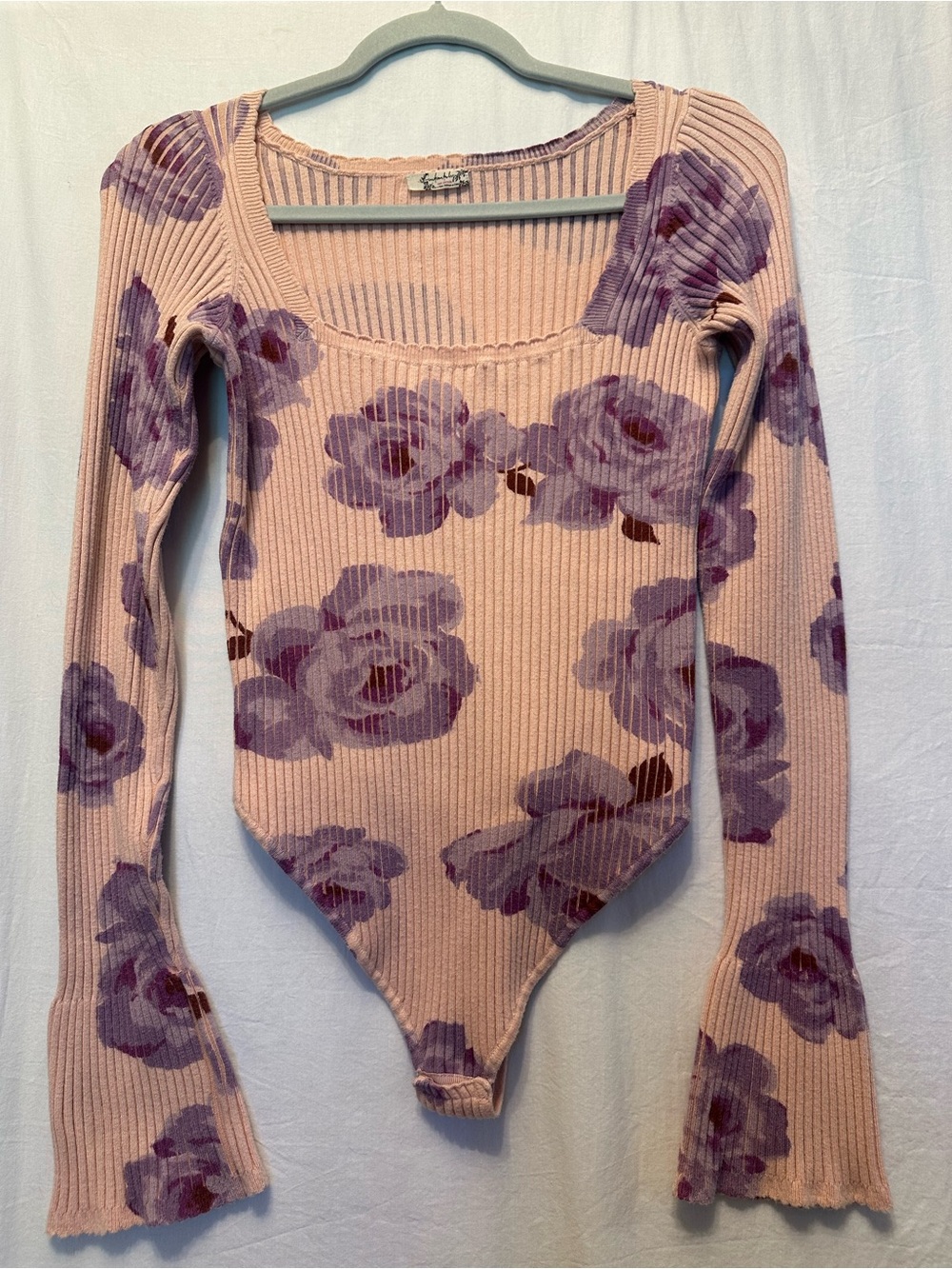 Free People Floral Ribbed Bodysuit Pink Purple Square Neck Bell Sleeve XS/S